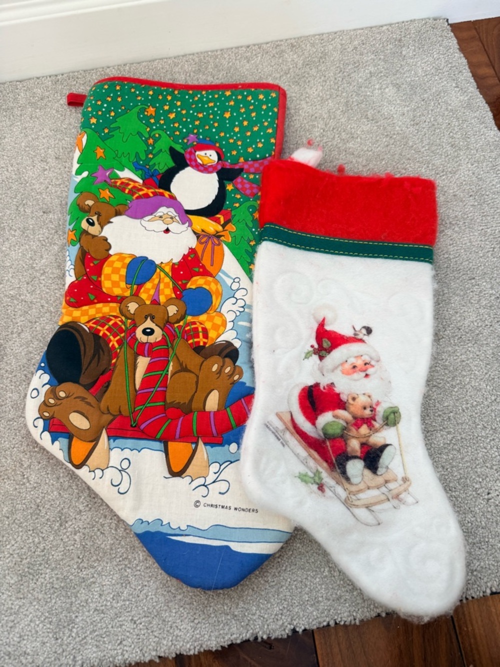 Holiday Santa & Teddy Christmas Stockings - Red, Green, White vintage stockings